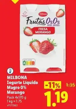 Lidl Milbona - iogurte liquido magro 0% morango promoção