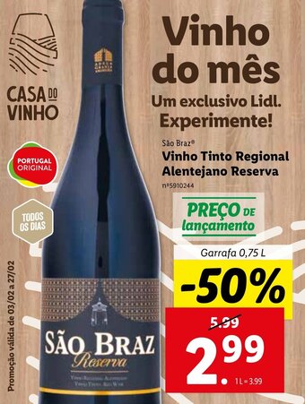 Lidl São Braz Vinho Tinto Regional Alentejano Reserva 0,75L promoção