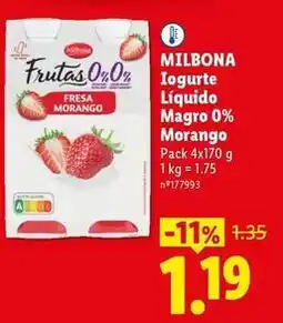 Lidl Milbona - iogurte liquido magro 0% morango promoção