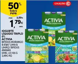 Continente Iogurte líquido triplo 0% activia bifidus morango & kiwi/ lima & limão/ bifidus ananas promoção