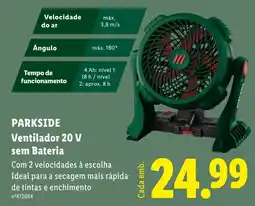 Lidl Parkside ventilador 20 v sem bateria promoção