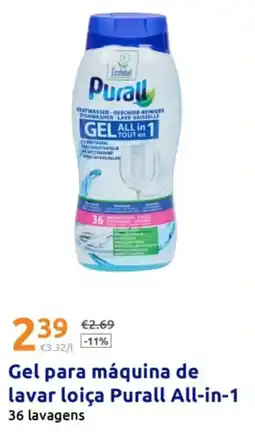 Action Gel para máquina de lavar loiça Purall All-in-1.36 lavagens promoção