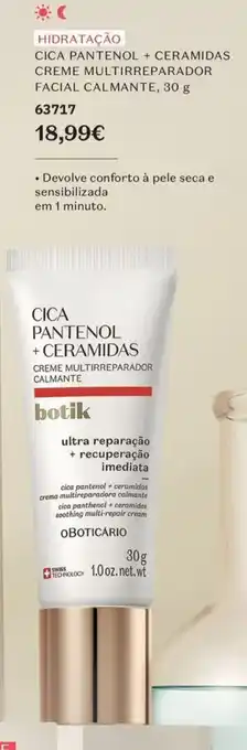 O Boticário Cica pantenol + ceramidas creme multirreparador facial calmante, promoção