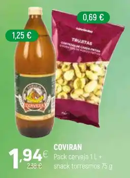 Coviran Coviran Pack cerveja 1 L + snack torresmos 75 g promoção