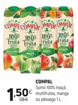 Coviran Compal sumo 100% maçã, multifrutos, manga ou pêssego 1 l promoção