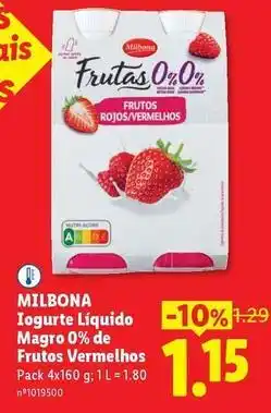 Lidl Milbona - iogurte liquido magro 0% de frutos vermelhos promoção