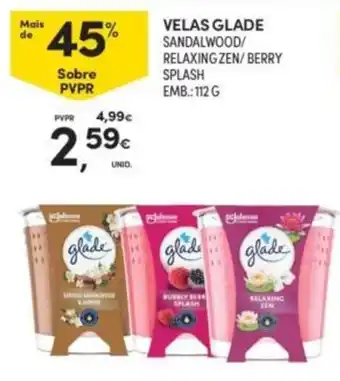 Continente velas glade sandalwood/relaxing zen/berry splash promoção