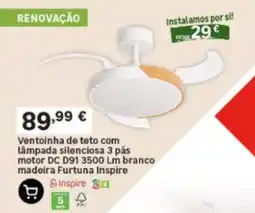 Leroy Merlin Ventoinha de teto com lâmpada silenciosa 3 pás motor DC D91 3500 Lm branco madeira Furtuna Inspire promoção