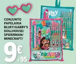 E.Leclerc Conjunto papelaria bluey/gabby's dollhouse/spiderman/minecraft/ promoção