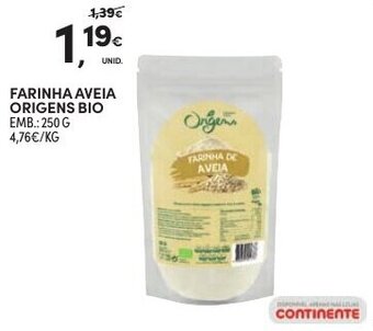 Continente Farinha Aveia Origens Bio 250g promoção