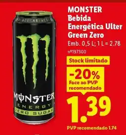 Lidl MONSTER Bebida Energética Ulter Green Zero promoção