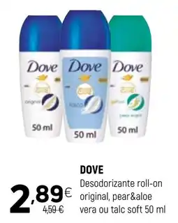 Coviran Dove desodorizante roll-on original, pear&aloe vera ou talc soft promoção