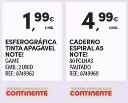 Continente esferográfica tinta apagável note! game promoção
