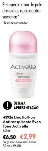 Oriflame Activelle deo roll-on antitranspirante even tone promoção