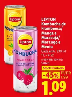 Lidl Lipton kombucha de framboesa manga e maracujá morango e menta promoção