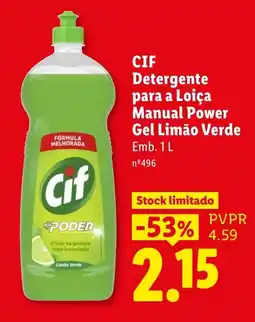Lidl Cif Detergente para a Loiça Manual Power Gel Limão Verde promoção