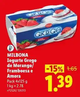 Lidl MILBONA Iogurte Grego de Morango/Framboesa e Amora promoção