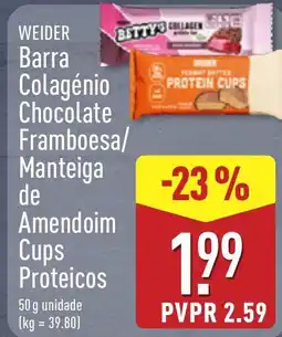 ALDI Weider barra colagénio chocolate framboesa manteiga de amendoim cups proteicos promoção