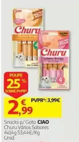Auchan Snacks p/ Gato CIAO Churu Vários Sabores promoção