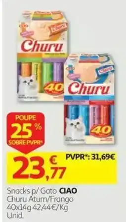 Auchan Snacks p/ Gato CIAO Churu Atum/Frango promoção