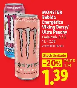 Lidl Monster bebida energética viking berry/ultra peachy promoção