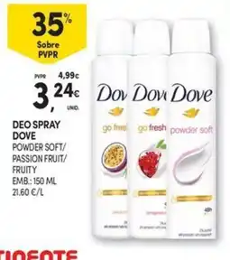 Continente Bom dia Deo spray dove powder soft/passion fruit/fruity promoção