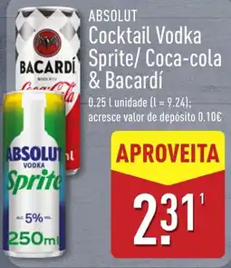 ALDI Absolut cocktail vodka sprite/ coca-cola & bacardí promoção