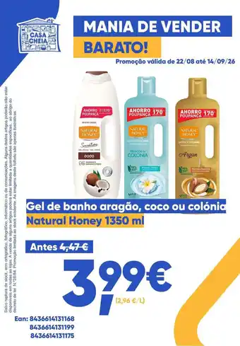 Gel de banho aragão, coco ou colónia Natural Honey