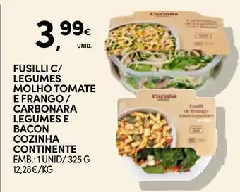 Continente Fusilli c/ legumes molho tomate e frango / carbonara legumes e bacon cozinha continente promoção
