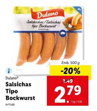 Lidl Dulano Salsichas Tipo Bockwurst 500g promoção