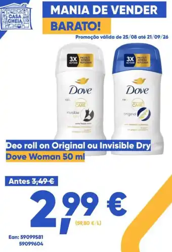 Deodorante roll on original ou invisible dry dove woman