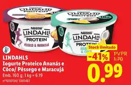 Lidl Lindahls iogurte proteico ananás e côco/ pêssego e maracujá promoção