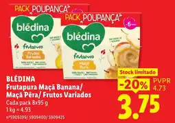 Lidl Blédina frutapura maçã banana/ maçã pêra/ frutos variados promoção