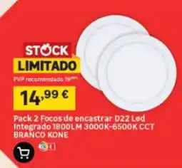 Leroy Merlin Pack 2 Focos de encastrar D22 Led Integrado 1800LM 3000K-6500K CCT BRANCO KONE promoção