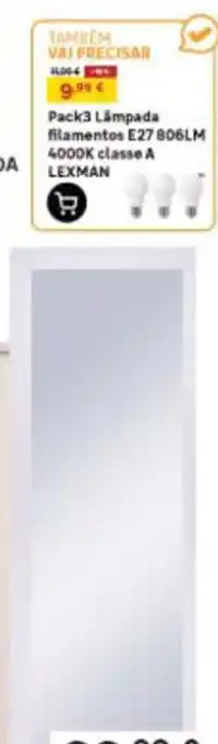 Pack3 Lâmpada filamentos E27 806LM 4000K classe A LEXMAN