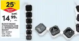 Continente Bloco snake 4 tomadas+usb c/interruptor boost promoção
