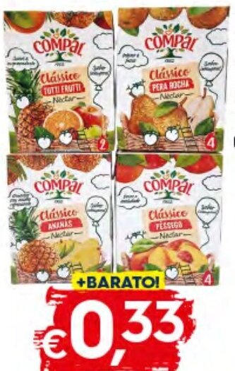 Bolama Sumo Compal Clássico Alperce / Ananás Pêra/ Pêssego T-Frutti 0,20lt promoção