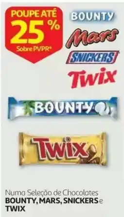 Auchan numa seleção de chocolates bounty, mars, snickers e twix promoção