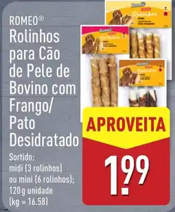 ALDI Romeo rolinhos para cão de pele de bovino com frango/pato desidratado promoção