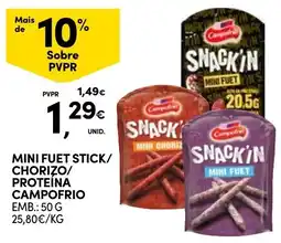 Continente Mini Fuet Stick/Chorizo/Proteína CampoFrio promoção