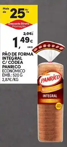 Continente Pão de forma integral c/ codea panrico economico promoção