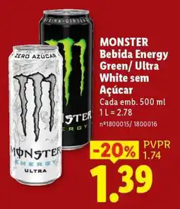 Lidl MONSTER Bebida Energy Green/ Ultra White sem Açúcar promoção