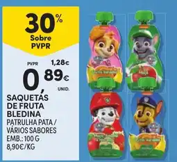 Continente saquetas de fruta bledina patrulha pato / vários sabores promoção