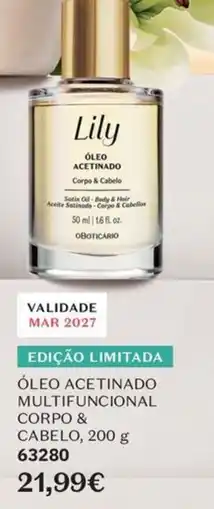 O Boticário Lily óleo acetinado corpo & cabelo promoção