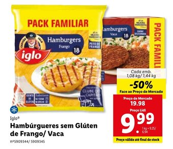 Lidl Iglo Hambúrgueres sem Glúten de Frango/Vaca 1,08kg/1,44kg promoção