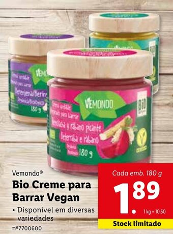 Lidl Vemondo Bio Creme para Barrar Vegan 180g promoção