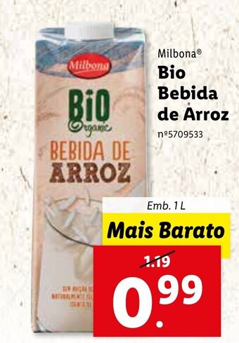Lidl Milbona Bio Bebida de Arroz 1L promoção
