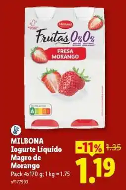 Lidl MILBONA Iogurte Líquido Magro de Morango promoção