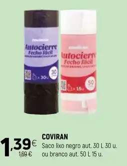 Coviran coviran saco lixo negro aut. 30 l 30 u. ou branco aut. 50 l 15 u. promoção