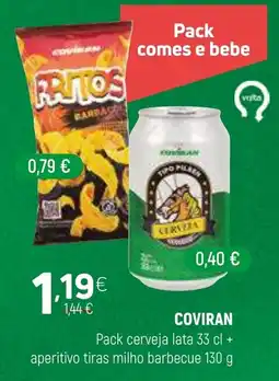 Coviran Coviran pack cerveja lata 33 cl + aperitivo tiras milho barbecue 130 g promoção
